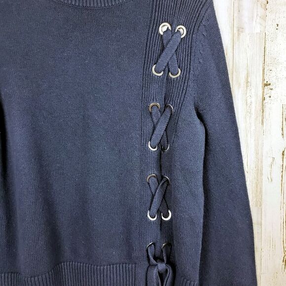 Simply Vera Vera Wang Lace Up Mock Layer Sweater Navy Blue White Size Small - Picture 5 of 12